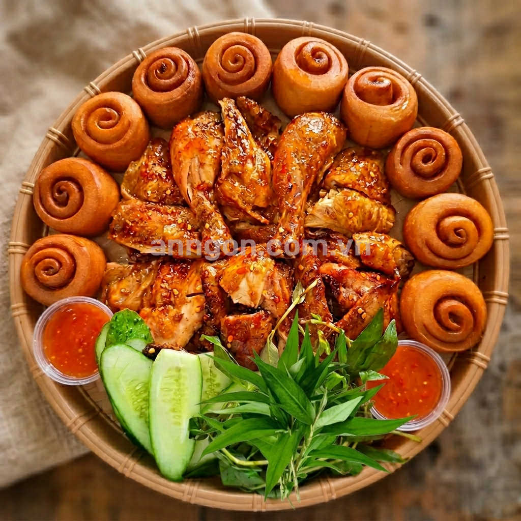 Combo gà nướng sốt ngũ vị ăn kèm bánh bao mềm tại Ngọc Lan