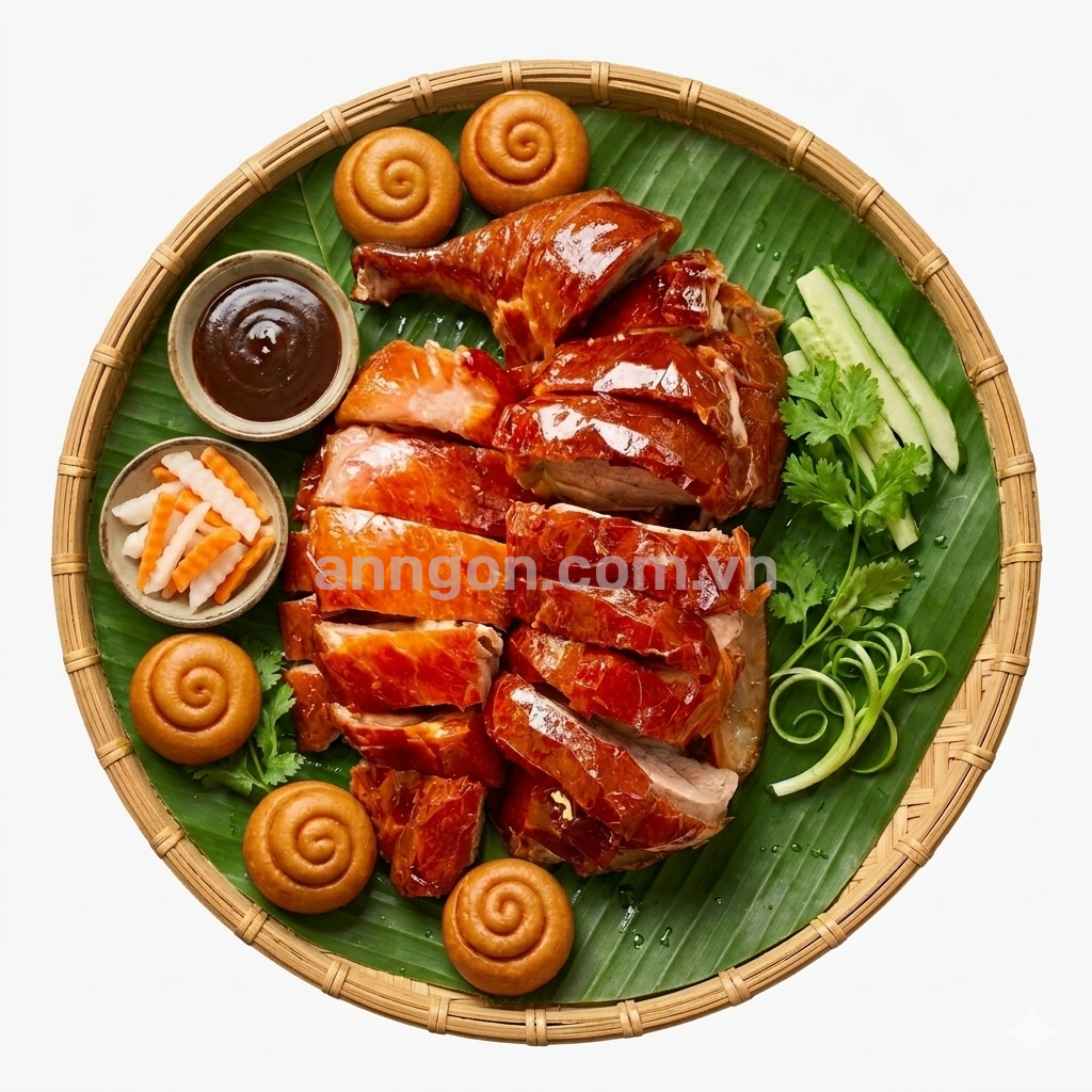 Combo vịt da giòn nửa con với bánh bao chiên, da giòn rụm, thịt mềm ngọt, ăn kèm nước chấm đặc biệt