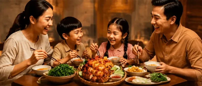 Gia đình quây quần thưởng thức gà nướng, vịt quay thương hiệu Ngọc Lan Food